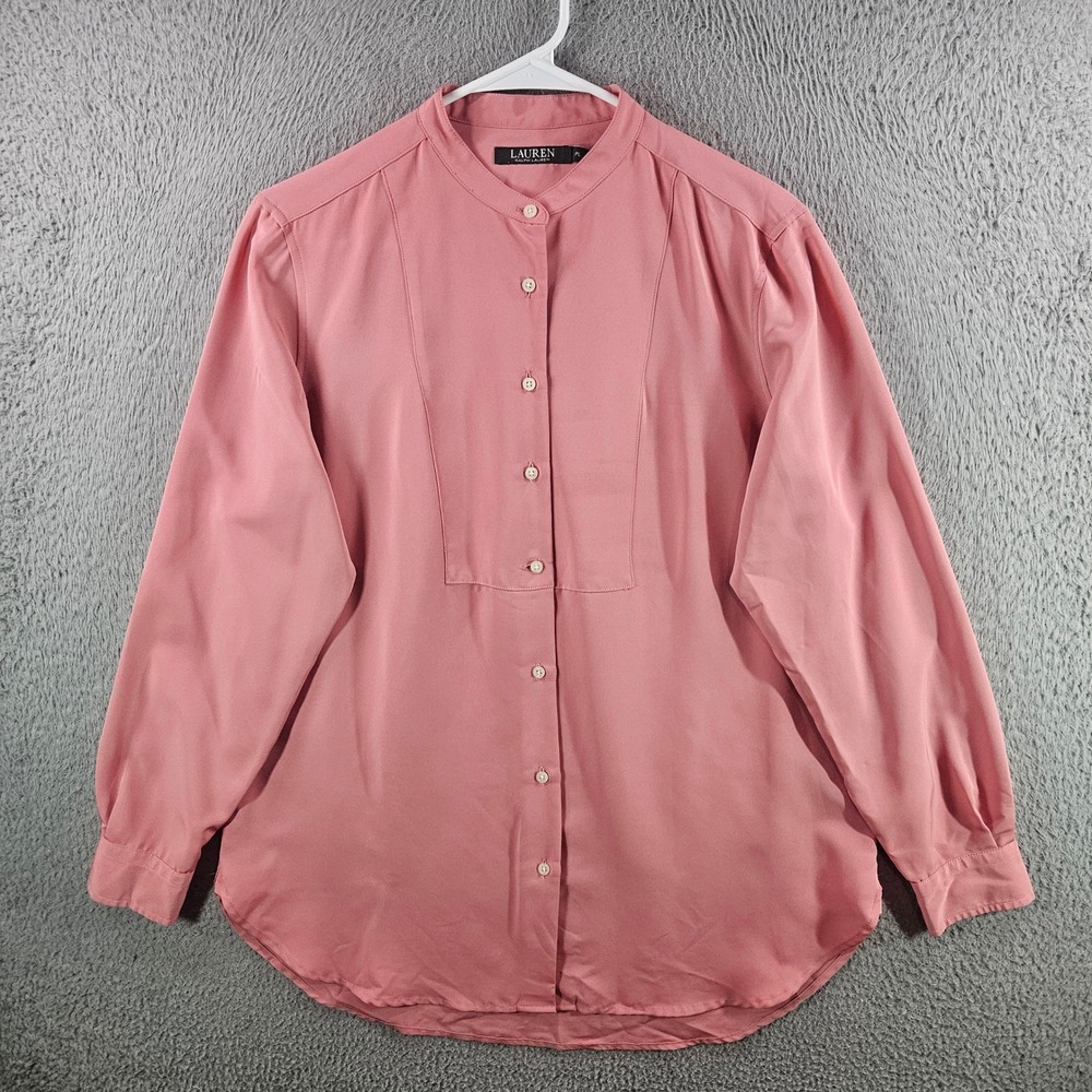 Lauren Ralph Lauren Pink Band Collar Button Down Blouse Petite Large PL